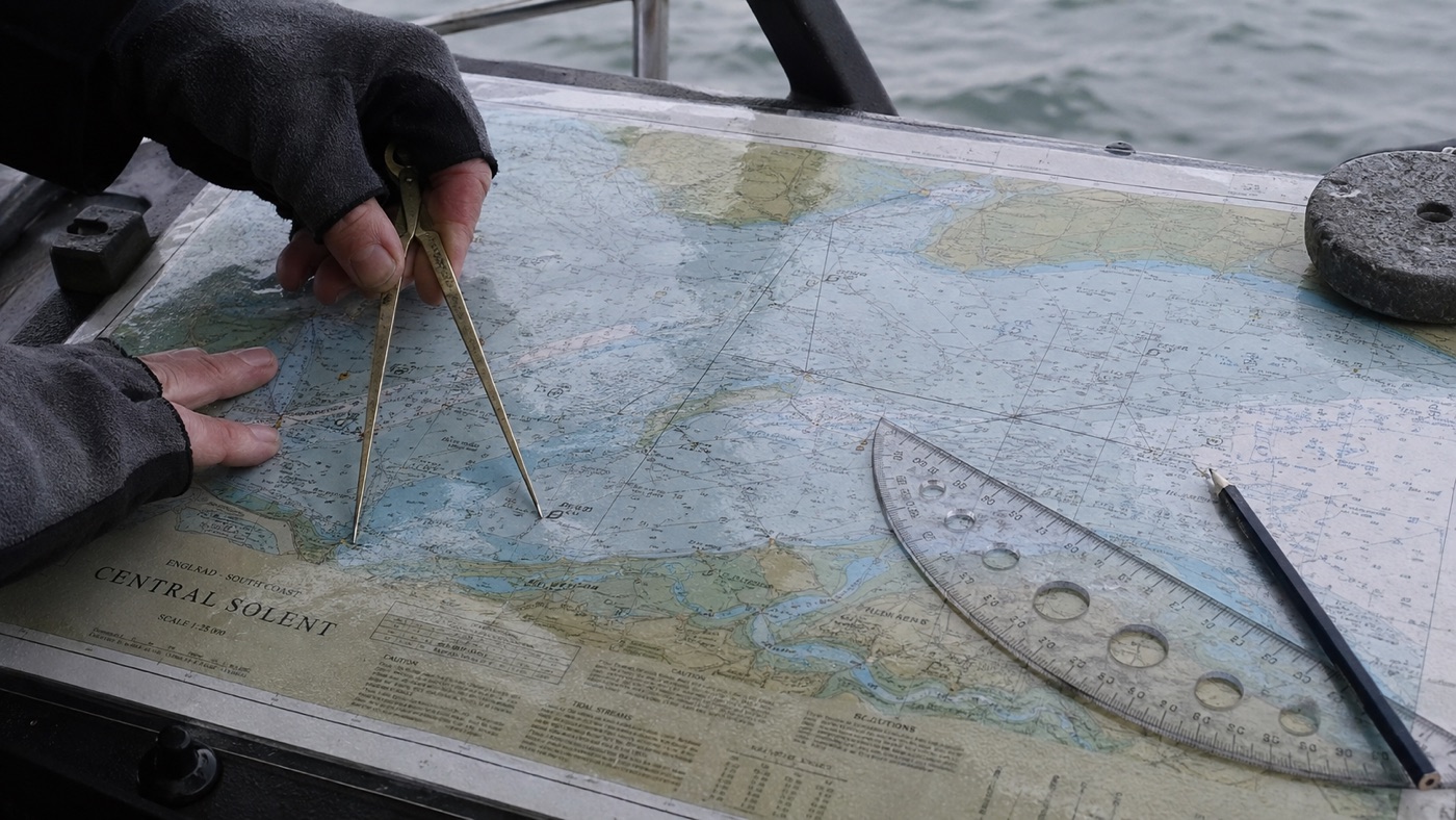 Instructor stepping off distances with dividers on a Central Solent chart at the helm of a powerboat
