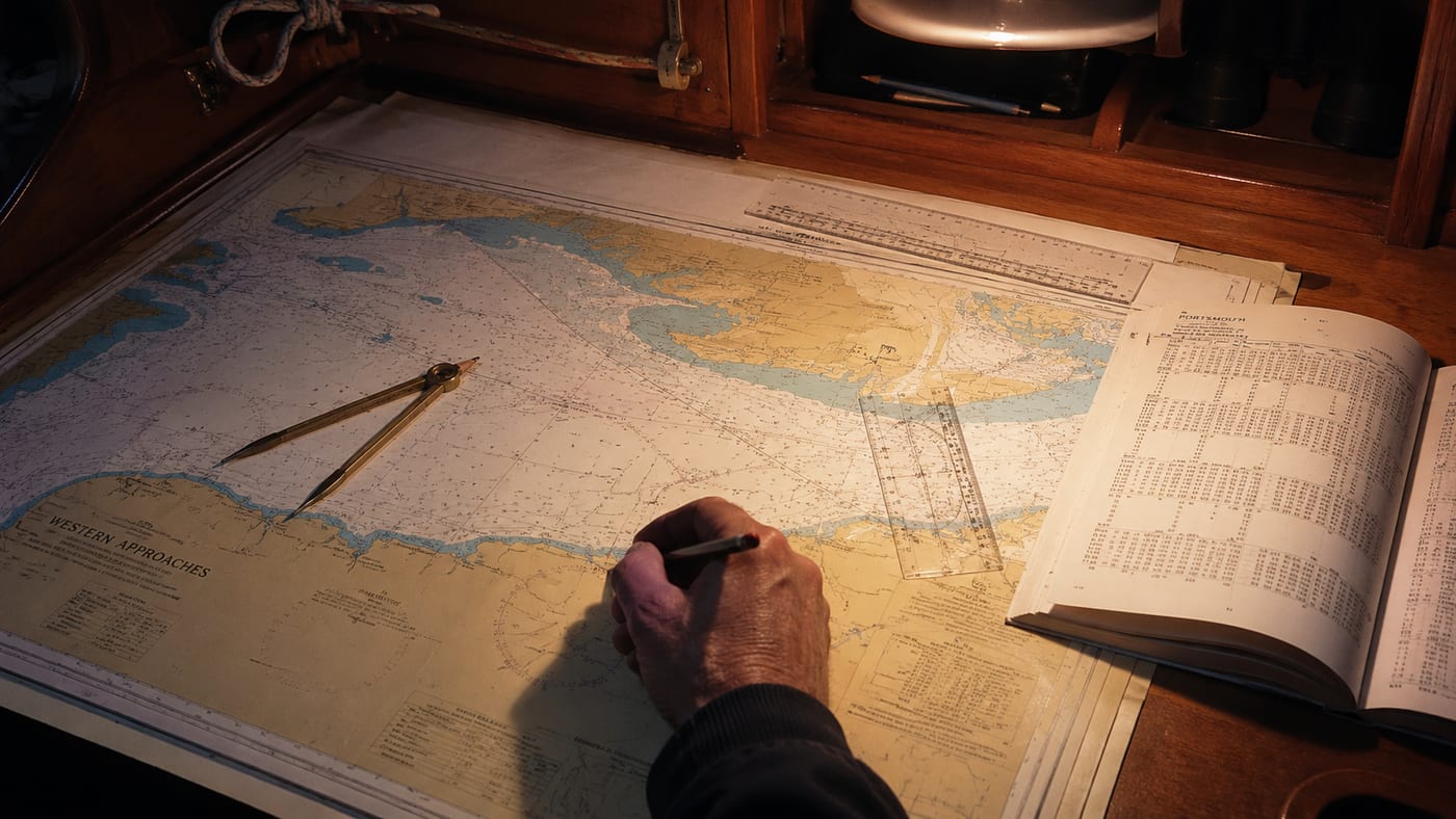 Skipper plotting a course on a paper chart at a yacht chart table with dividers and a tidal almanac