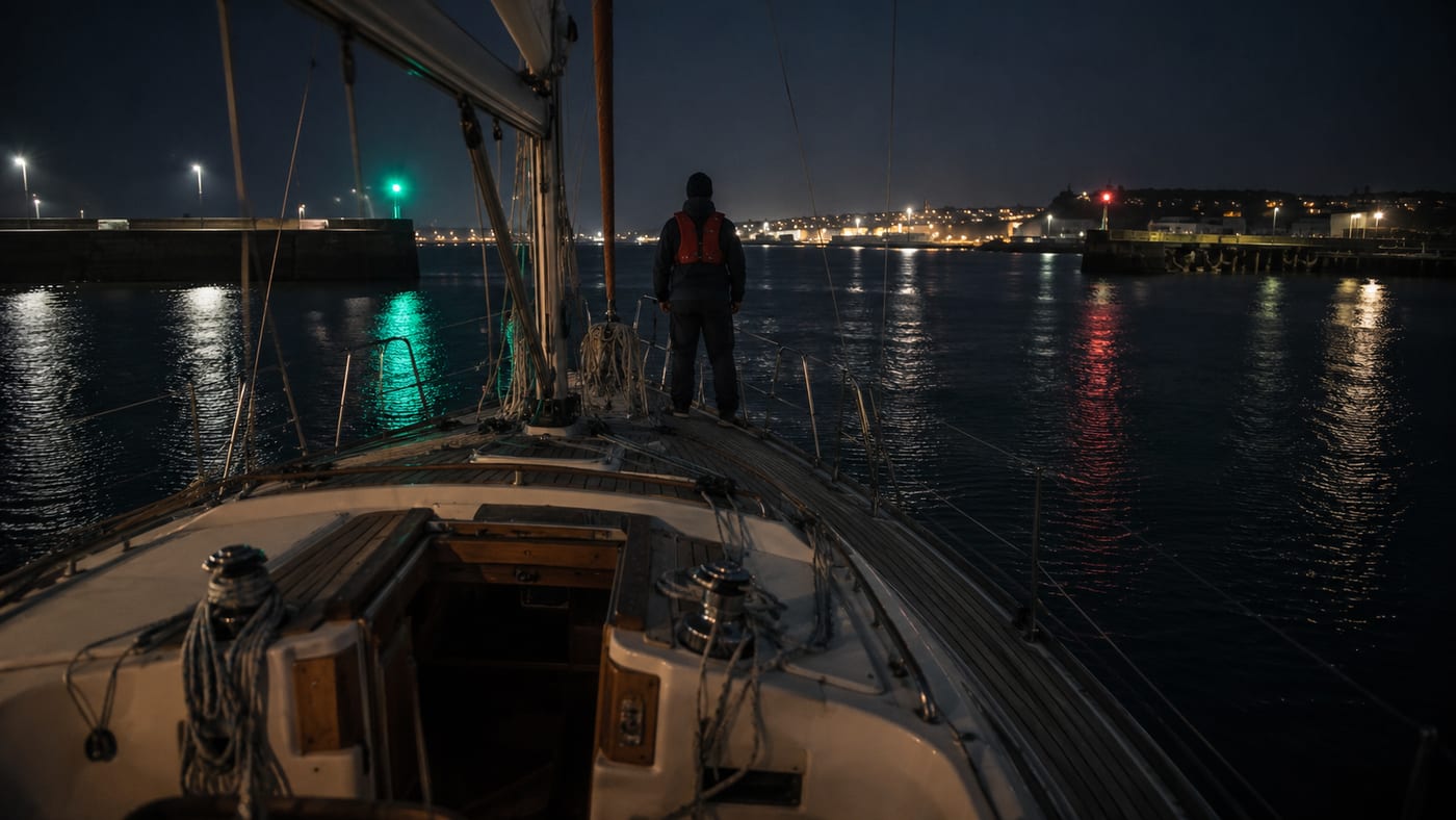 Crew member on the foredeck of a yacht at night entering a harbour between red and green channel lights