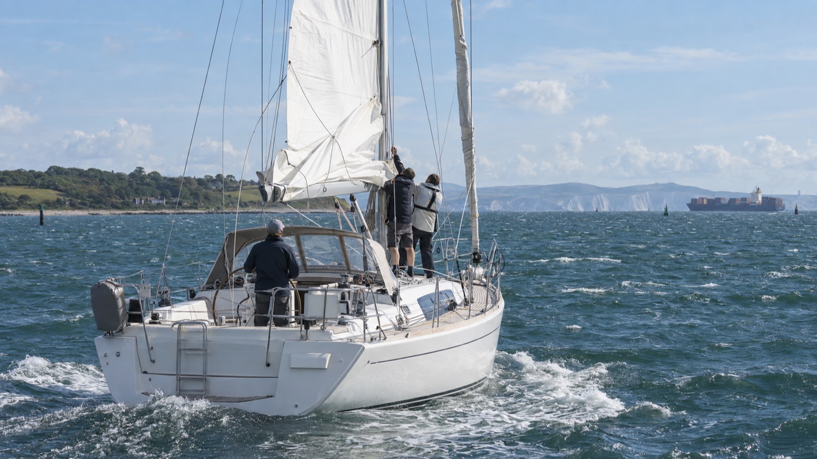 Crew hoisting the mainsail on a cruising yacht in the Solent with the Isle of Wight behind