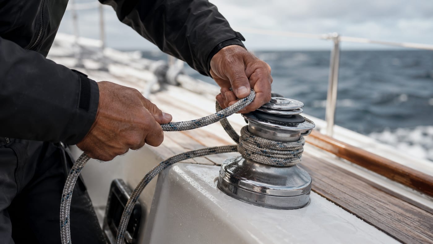 Tailing a sheet on a yacht's primary winch during ropework practice