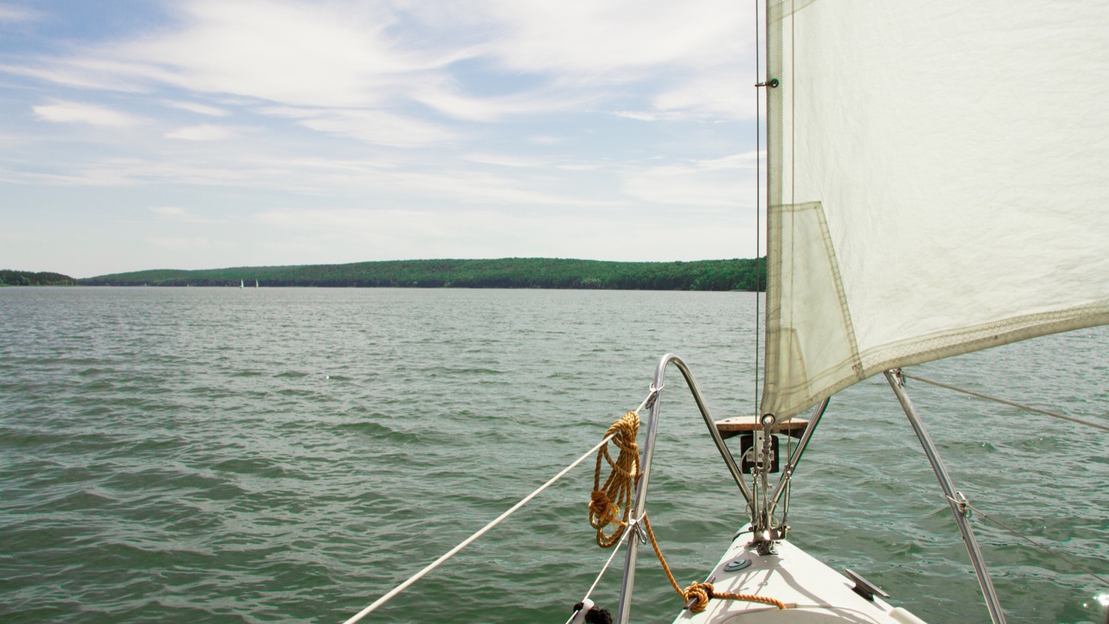 View forward from the bow of a sailing yacht under headsail, with a wooded shoreline ahead