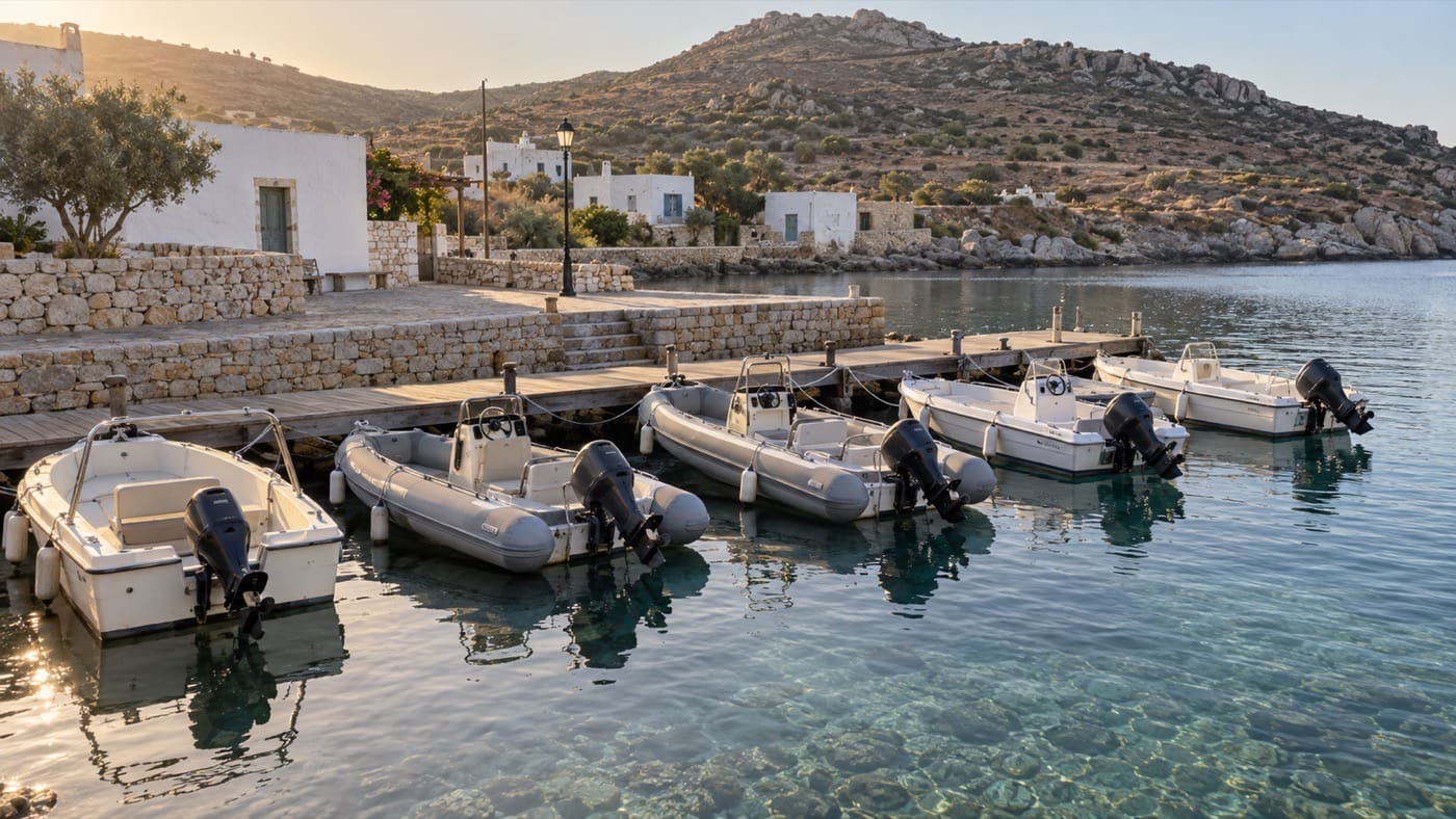 Small hire RIBs and day boats moored at a pontoon in a Mediterranean harbour in early morning light