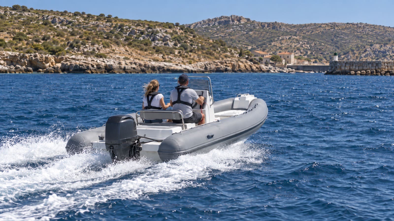 RIB running on the plane off a rocky Mediterranean coastline, driver and passenger seen from behind