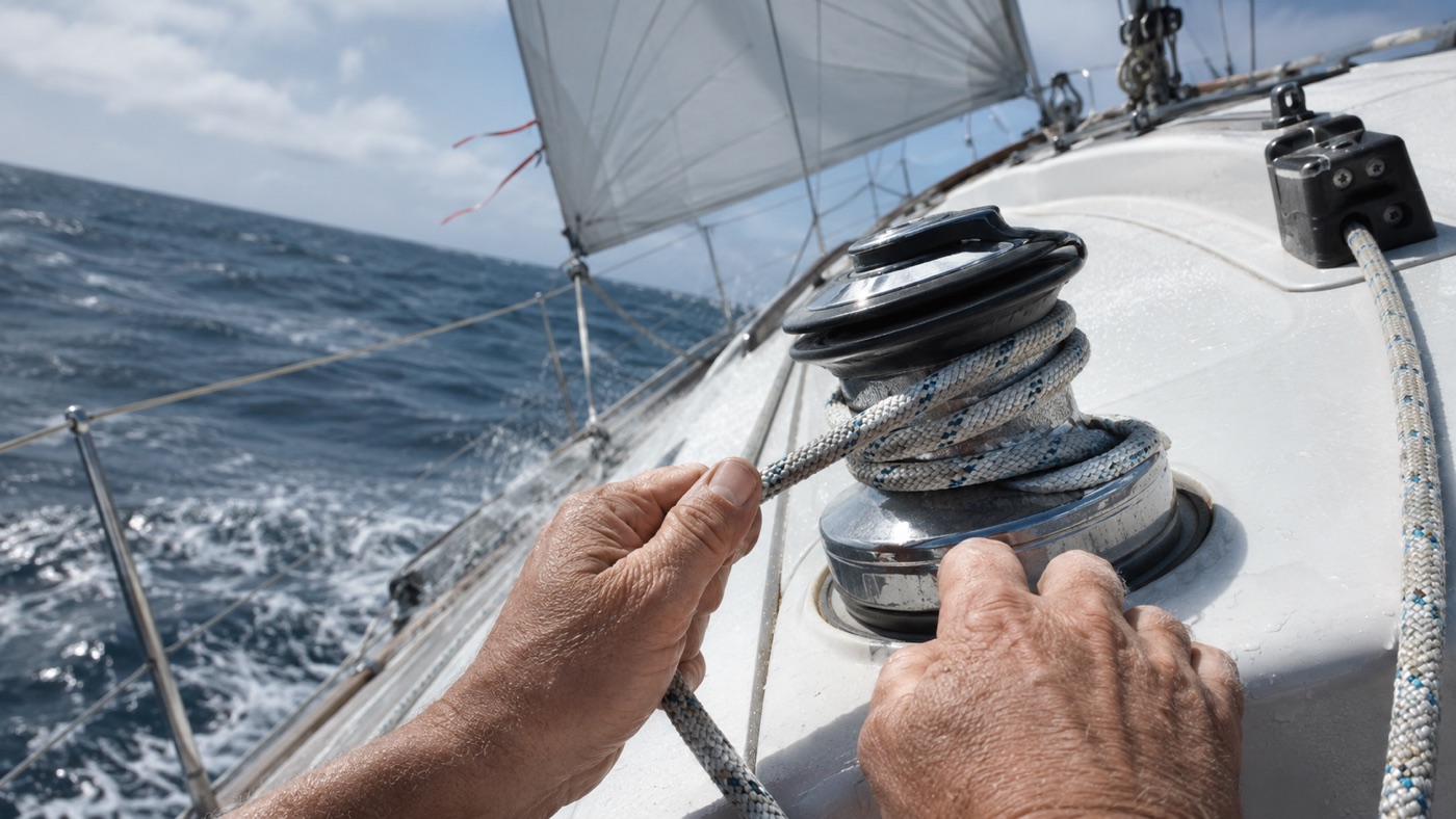 Sailor tailing a headsail sheet on a winch while the yacht sails upwind
