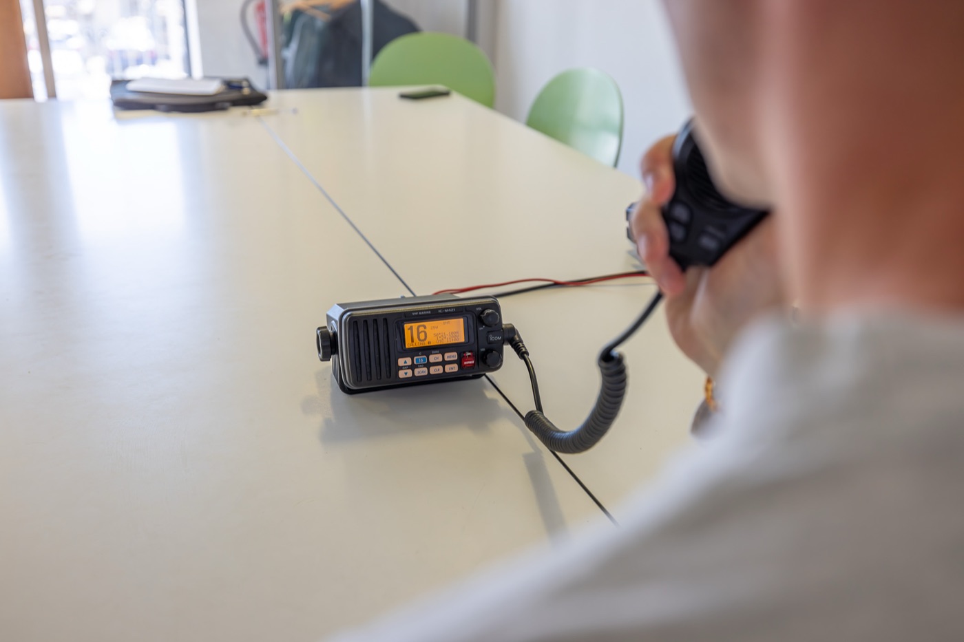 ICOM IC-M421 VHF DSC set tuned to Channel 16 during an RYA SRC exam at Hamble