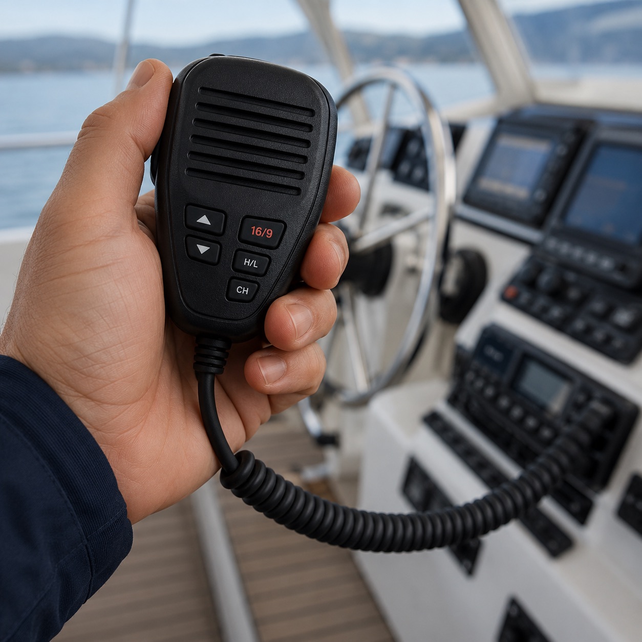 Sailor holding a VHF DSC handset at the helm of a sailing yacht