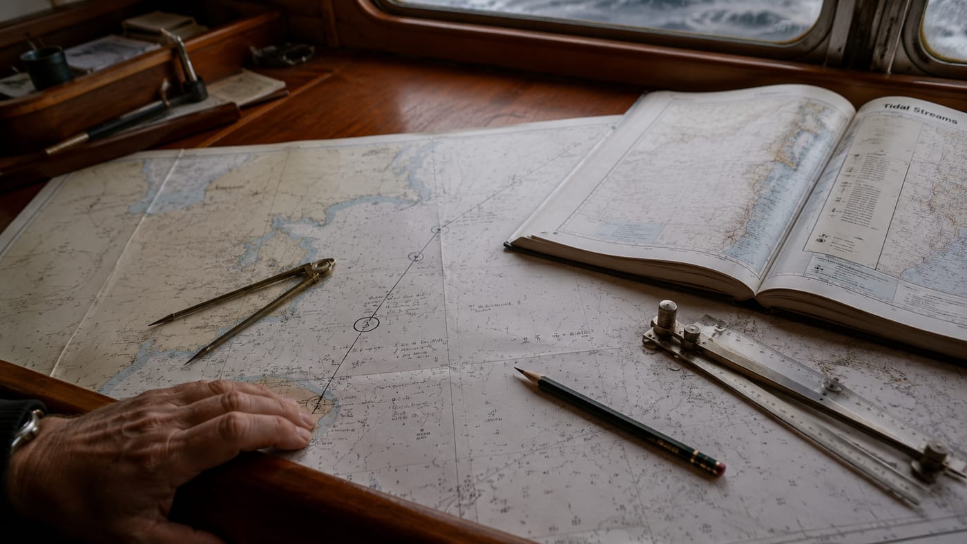 Passage planning at the chart table with dividers, parallel rule and a tidal stream atlas